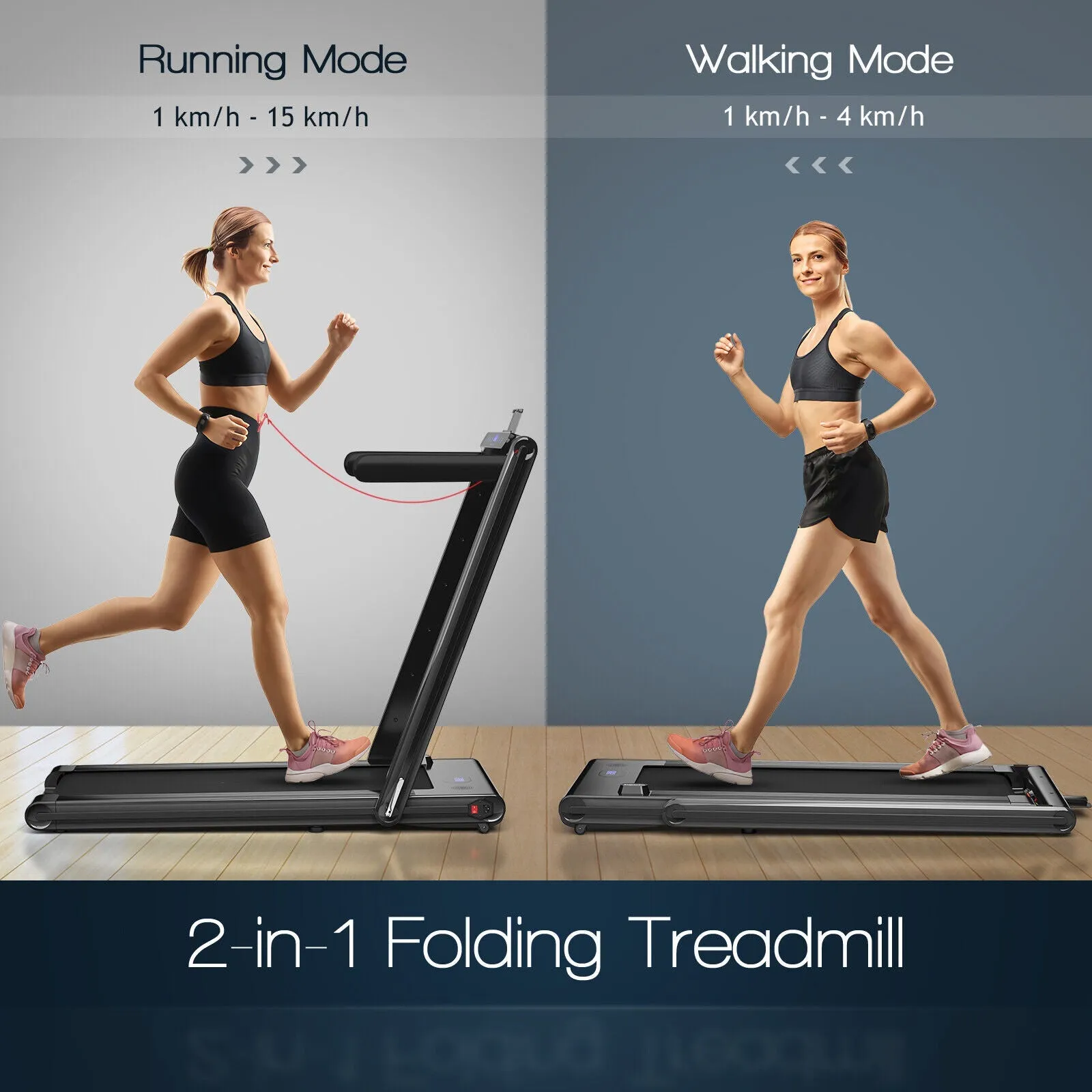 2-in-1 Folding Under Desk Treadmill with Dual LED Display-Black