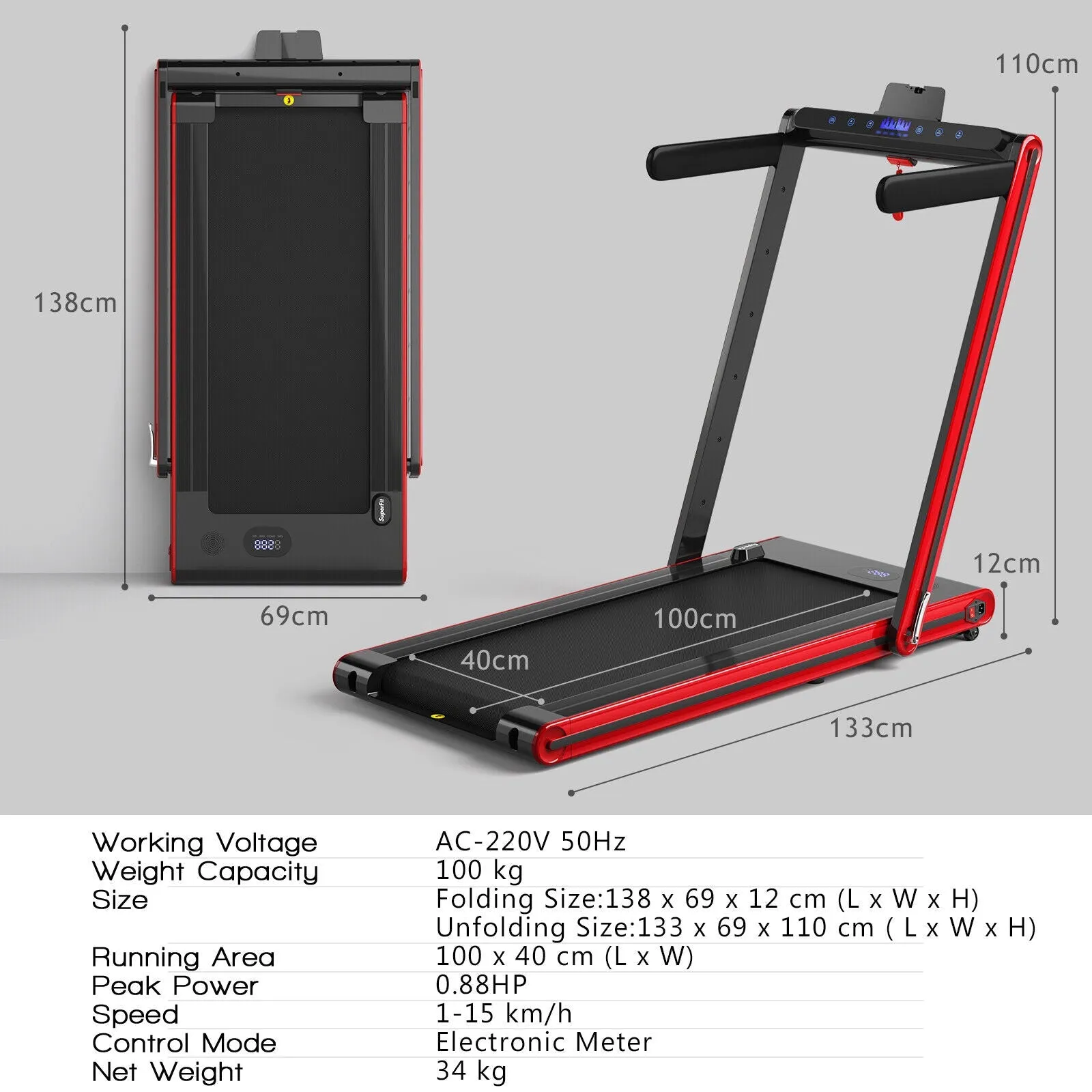 2-in-1 Folding Under Desk Treadmill with Dual LED Display-Red