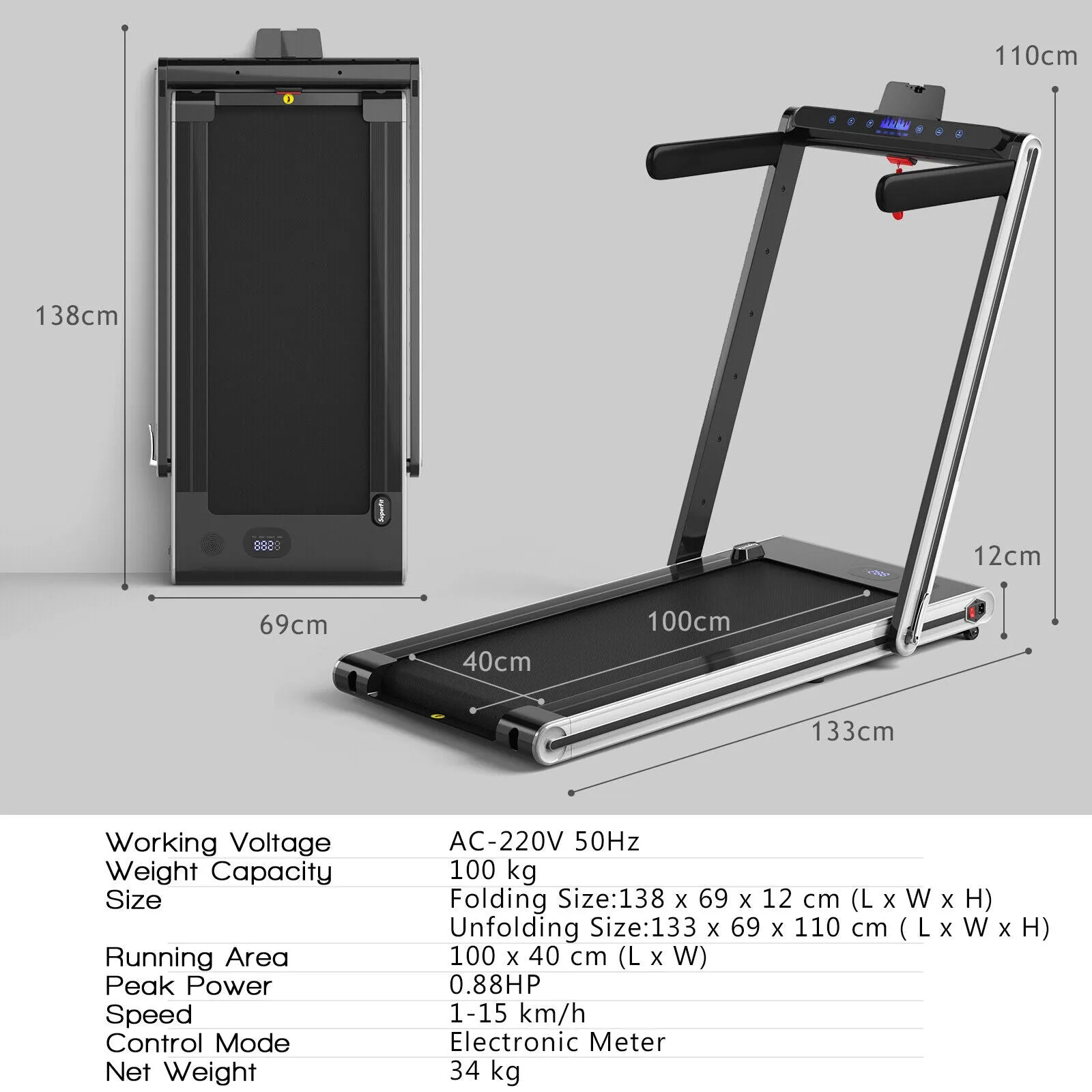 2-in-1 Folding Under Desk Treadmill with Dual LED Display-Silver