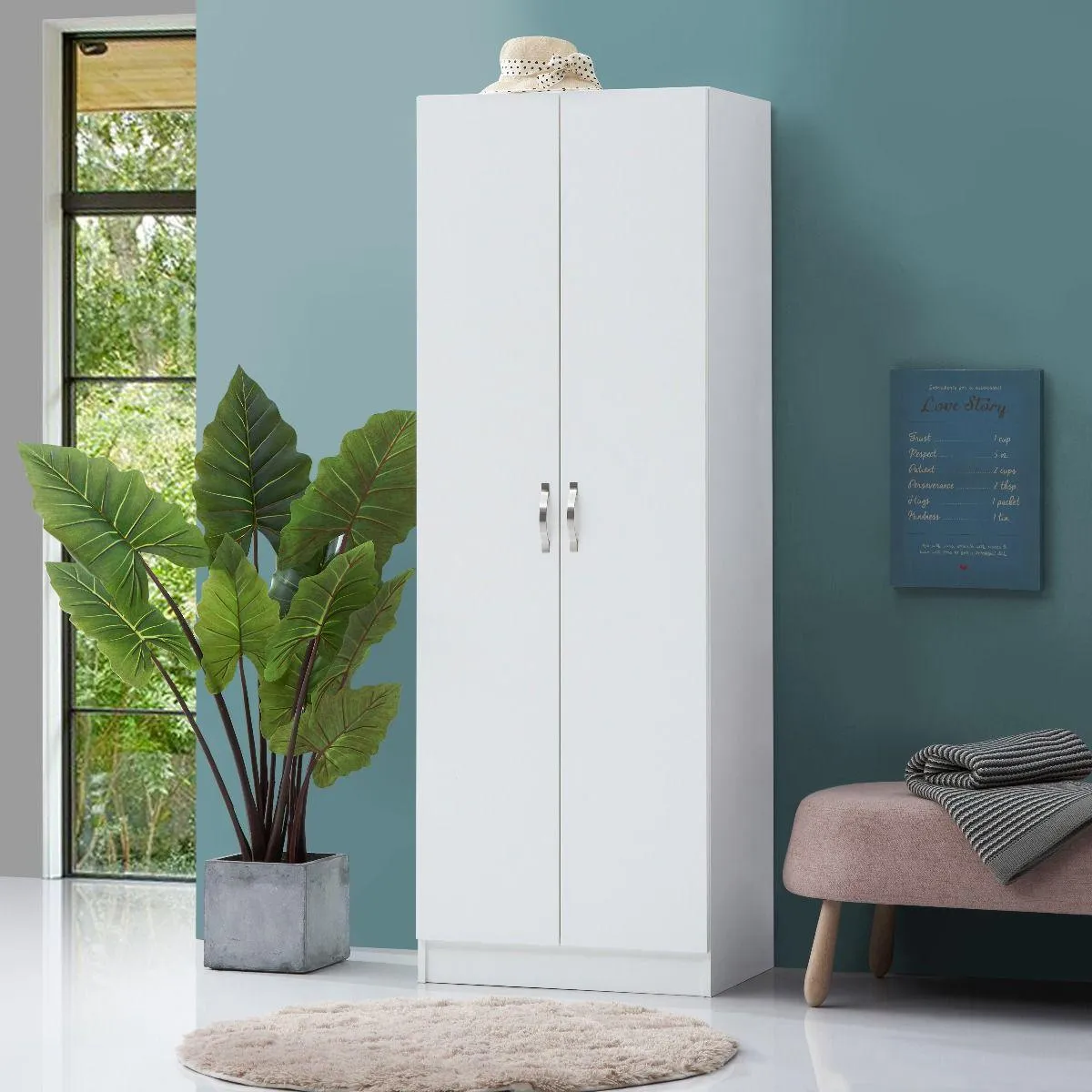 All Homely Basics Light Grey 2 Door 1 Shelf Wardrobe with Hanging Rail & Wooden Handles | Self Assembly | H180cm W60cm D45cm