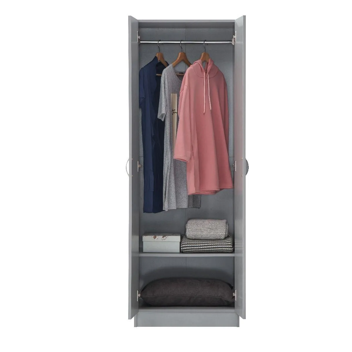 All Homely Basics Light Grey 2 Door 1 Shelf Wardrobe with Hanging Rail & Wooden Handles | Self Assembly | H180cm W60cm D45cm