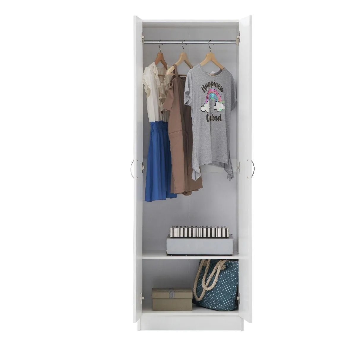 All Homely Basics Light Grey 2 Door 1 Shelf Wardrobe with Hanging Rail & Wooden Handles | Self Assembly | H180cm W60cm D45cm