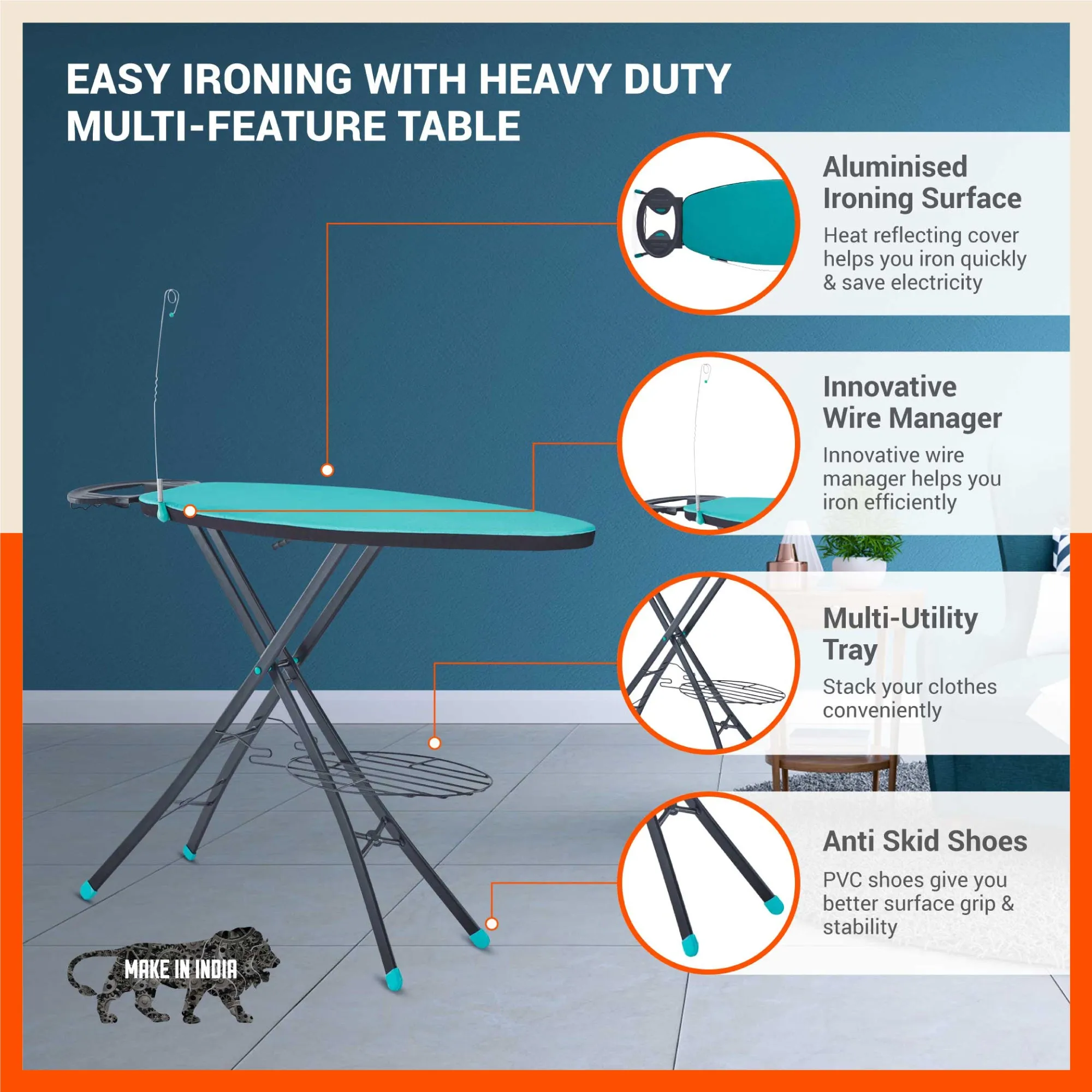 Bathla X-Pres Ace Pro - Extra Large Foldable Ironing Board For Home (Teal & Black)