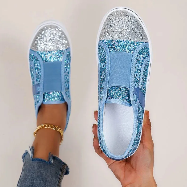 Blue Round Head Sequin Canvas Shoes