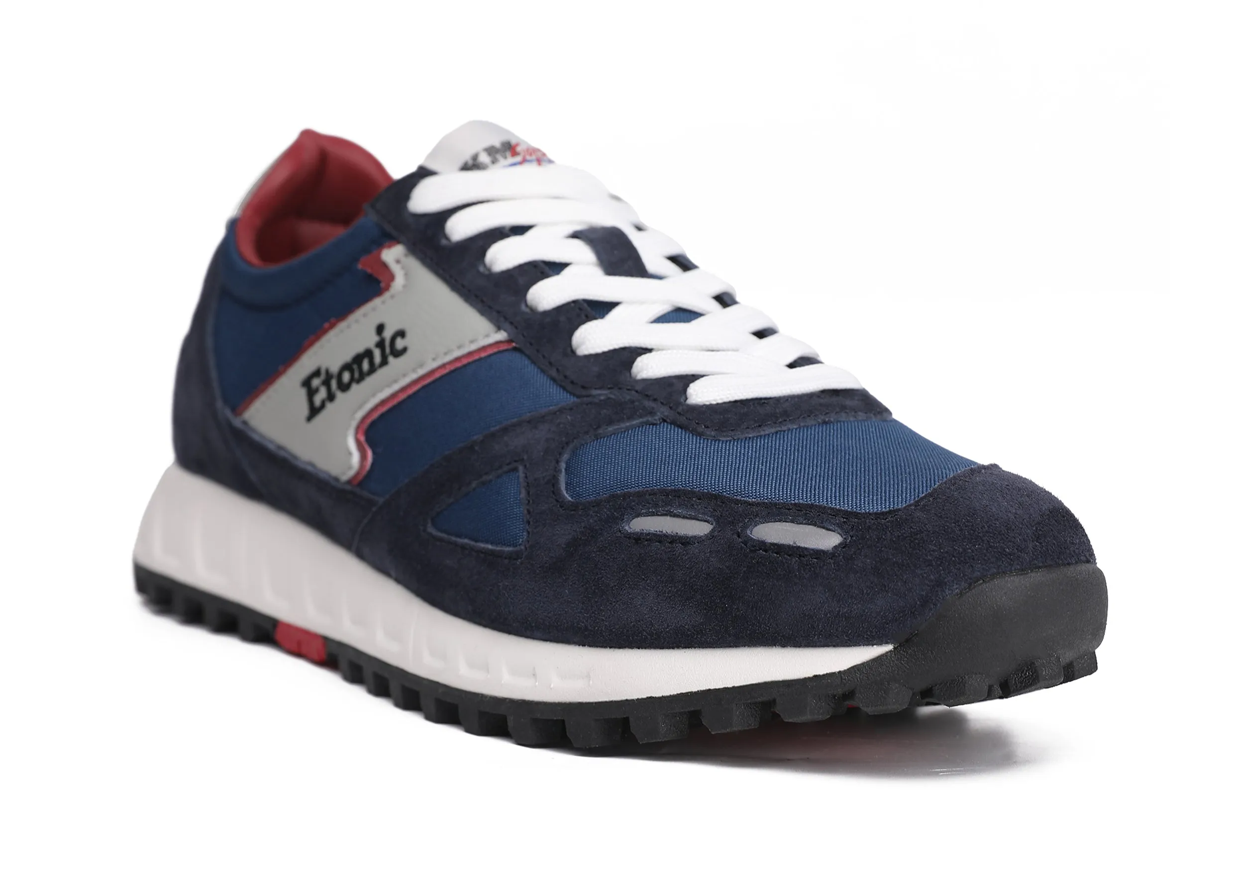 Etonic PR538 runners in dark blue suede, blue nylon, red inserts and black details.