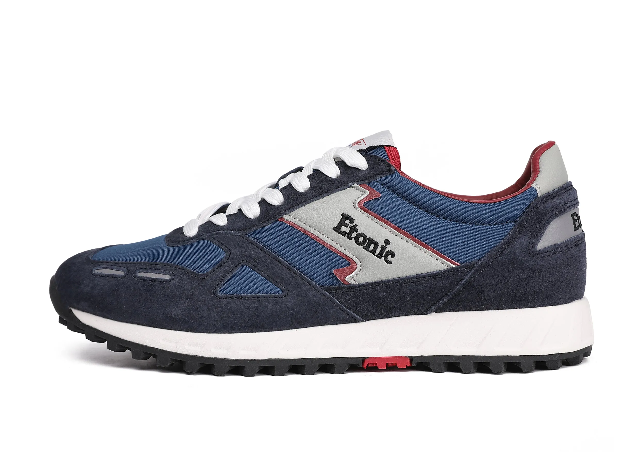 Etonic PR538 runners in dark blue suede, blue nylon, red inserts and black details.