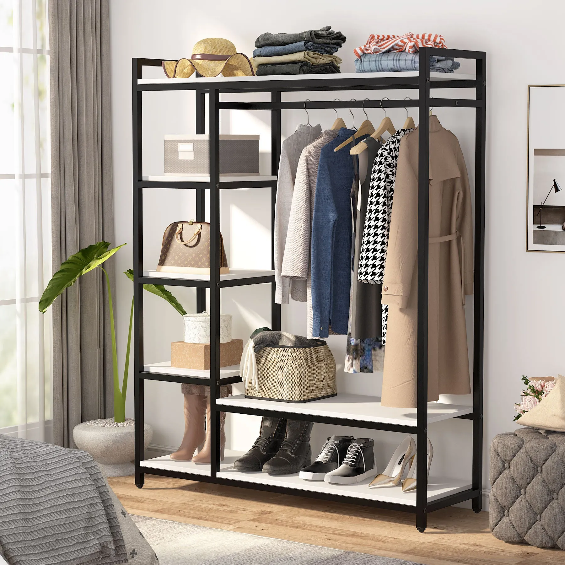 Freestanding Closet Organizer, Garment Rack with 6 Shelves