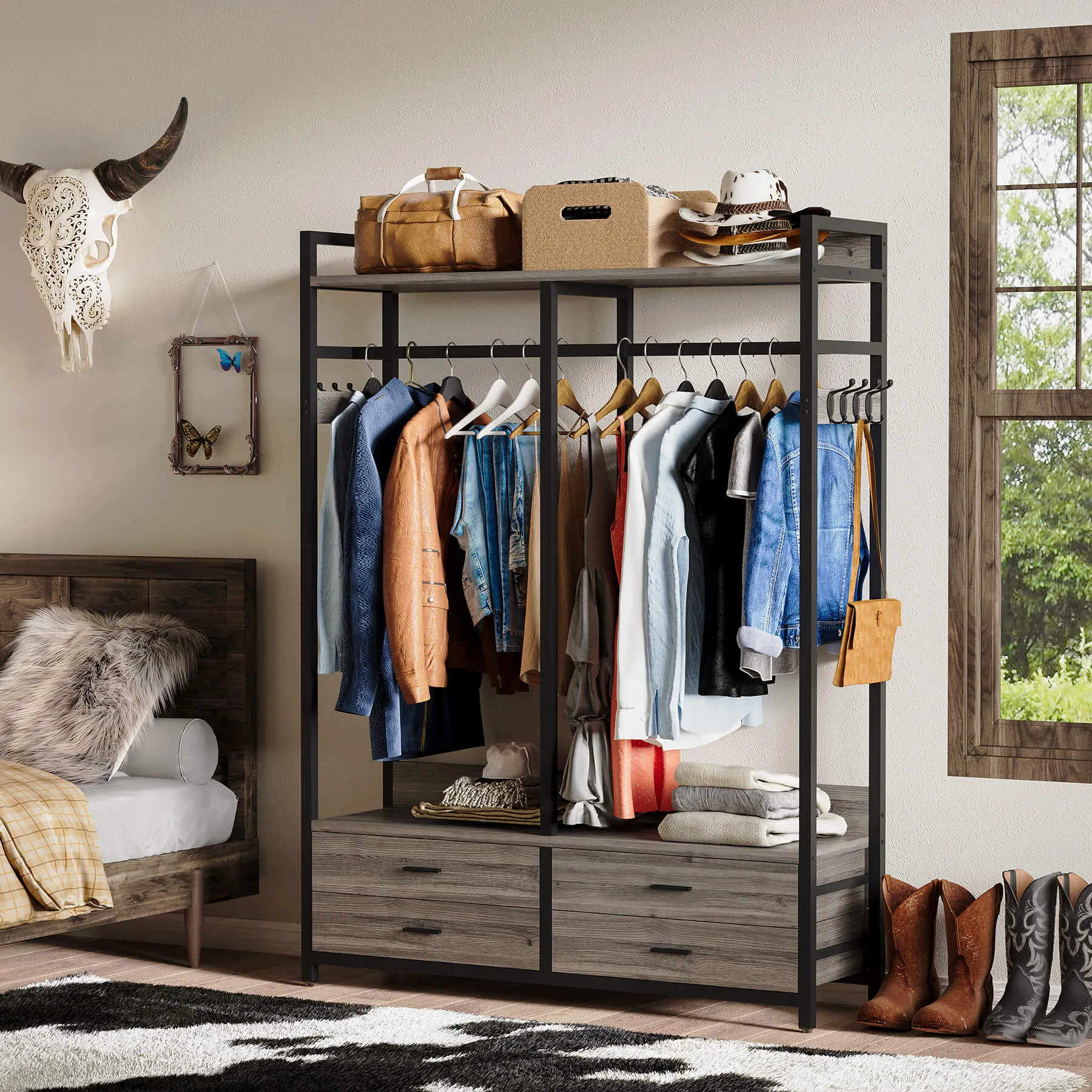 Freestanding Closet Organizer, Garment Rack with Drawers & Shelves