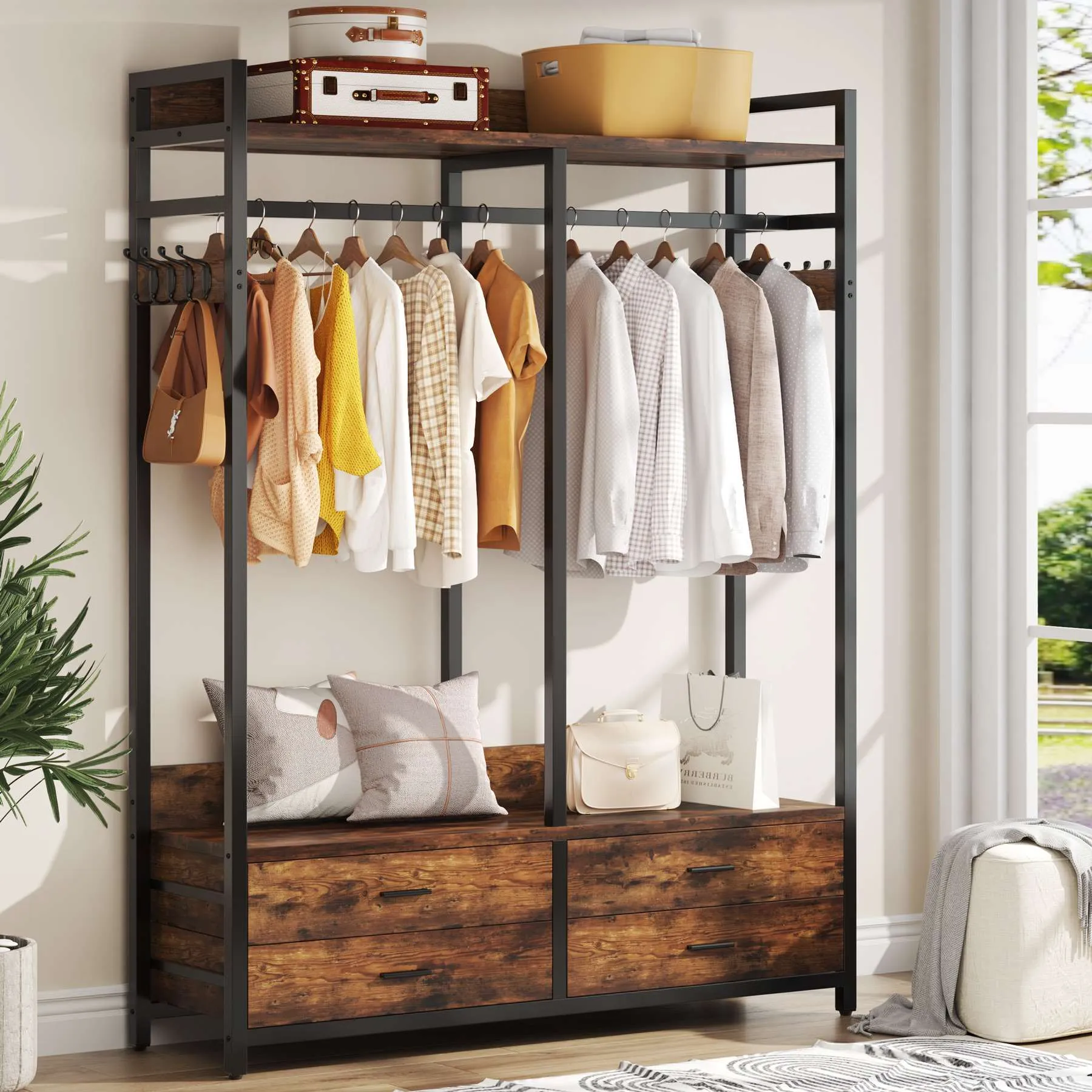 Freestanding Closet Organizer, Garment Rack with Drawers & Shelves