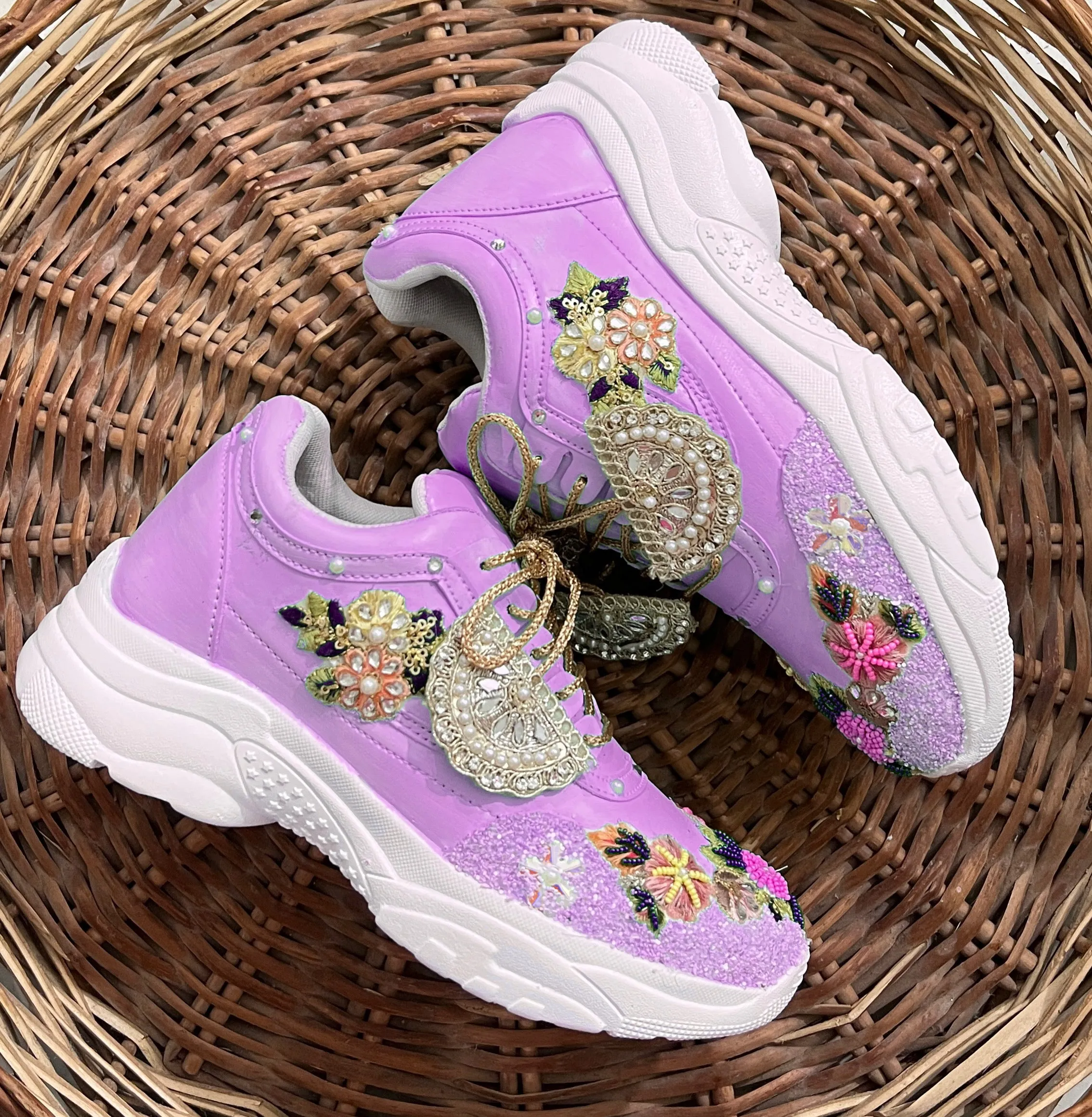 FUNKY N TRENDY purple embroidery sneakers for brides /purple embroidered sneakers/ handcrafted sneakers/ floral sneakers / bridal sneakers / bridesmaid sneakers/ lilac hand work sneakers/lavender sneakers