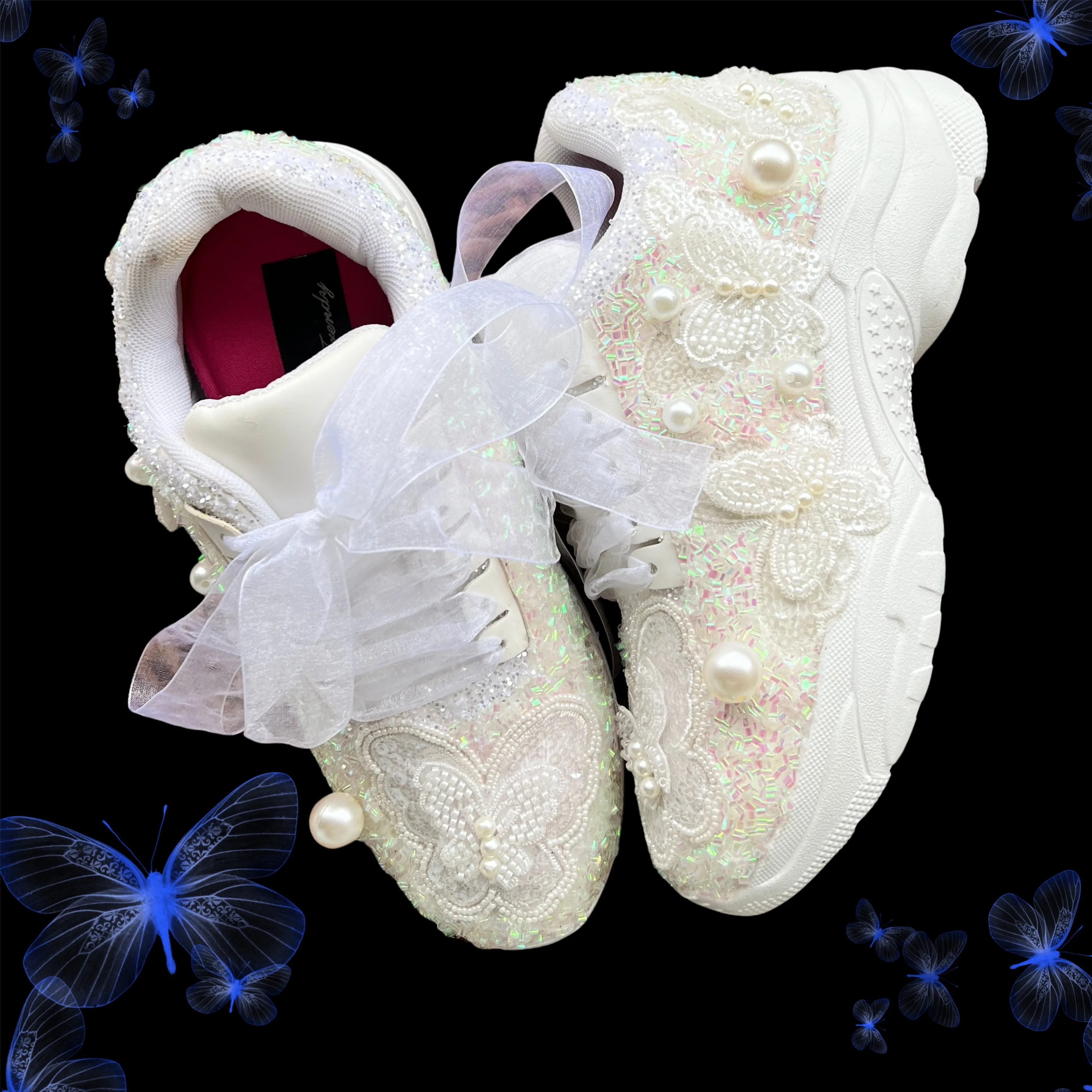 FUNKY N TRENDY white butterfly embroidery sneakers for brides /white silver embroidered sneakers/ handcrafted sneakers/ butterfly sneakers / bridal sneakers / bridesmaid sneakers/ silver and white hand work sneakers