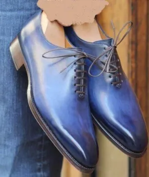 Handmade Two Tone Blue Leather Lace Up Shoe