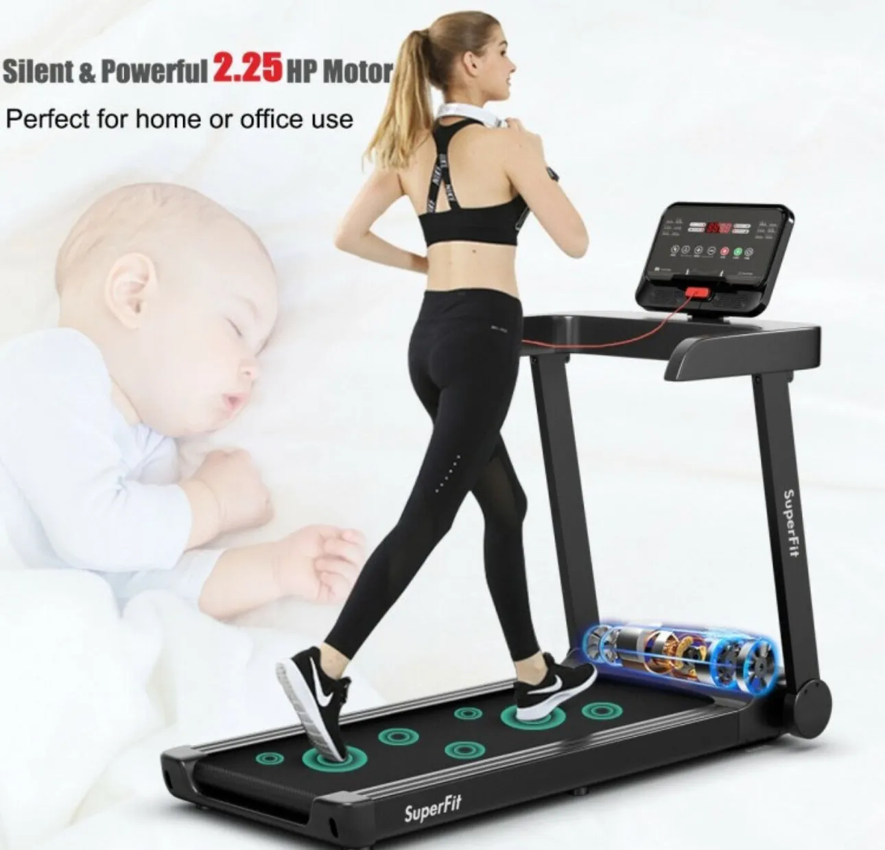 Heavy Duty Quiet 2.25HP Electric Treadmill Running Machine With App Control | 12 Different Programs | 0.5-7.5 MPH