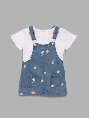 HOP Baby Blue Embroidered Dungaree with T-Shirt