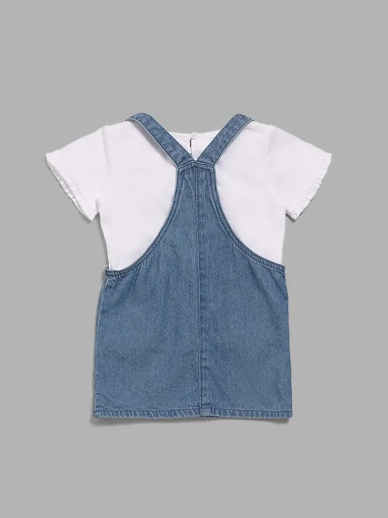 HOP Baby Blue Embroidered Dungaree with T-Shirt