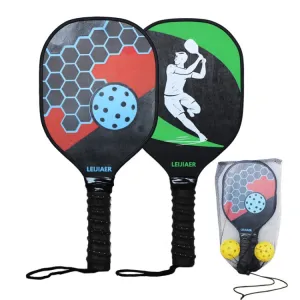 LEIJIAER 1pair Imitation Carbon Wood Pickleball Paddle Set With 2 Balls(Red Green)