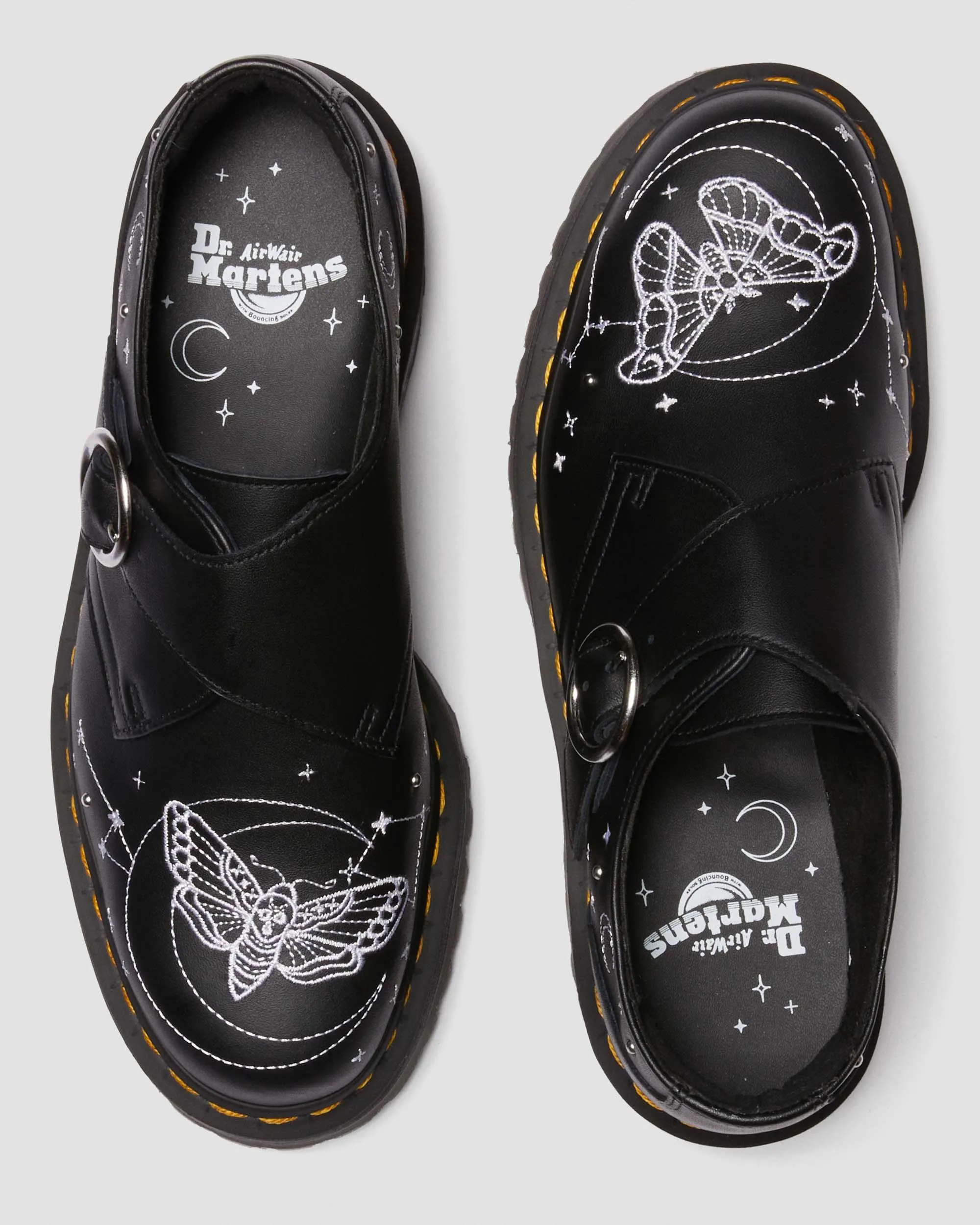 Monk Strap Quad Celestial Moth Embroidered Leather Platform Shoes