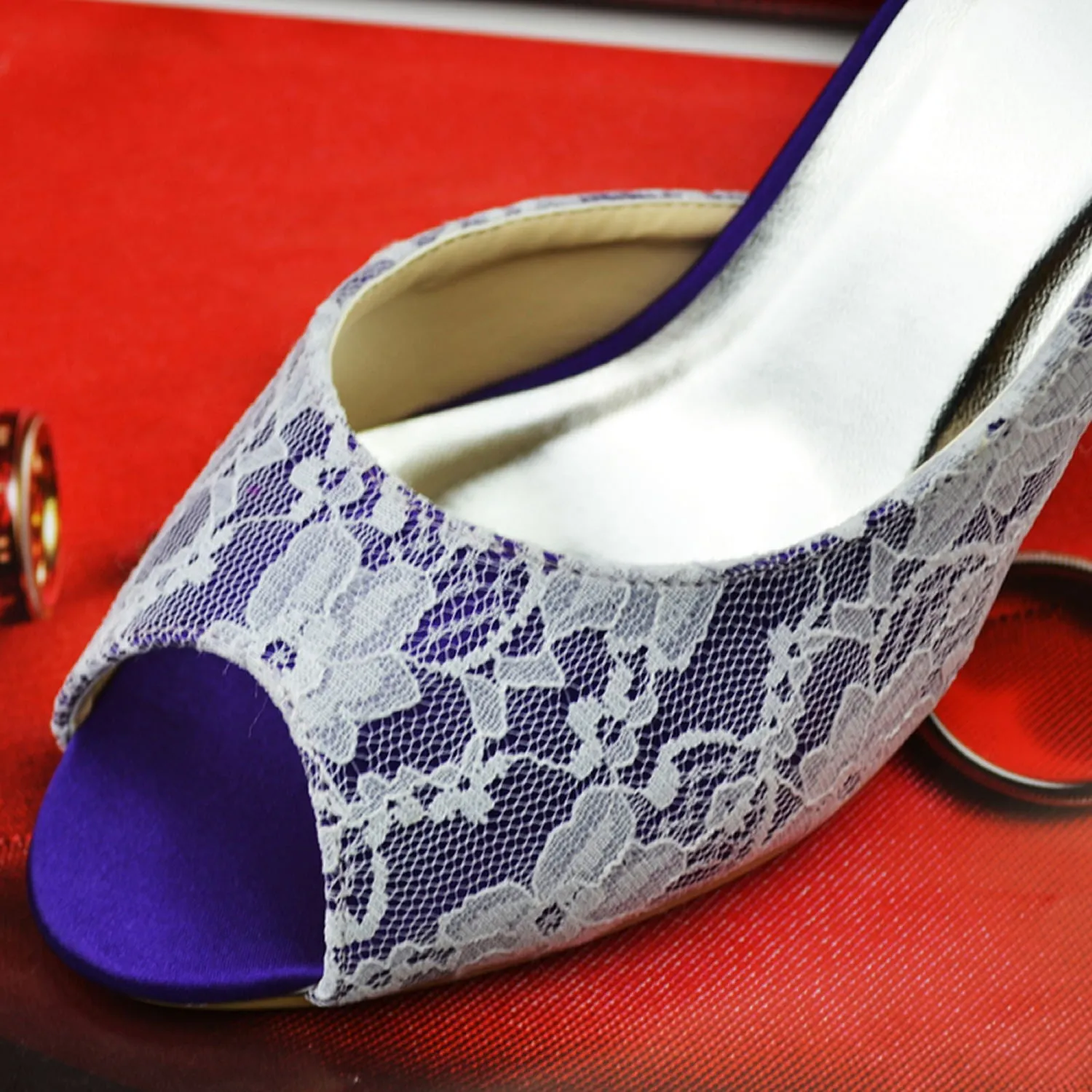 Nave Blue Peep Toe Simple Wedding Shoes With White Lace S14