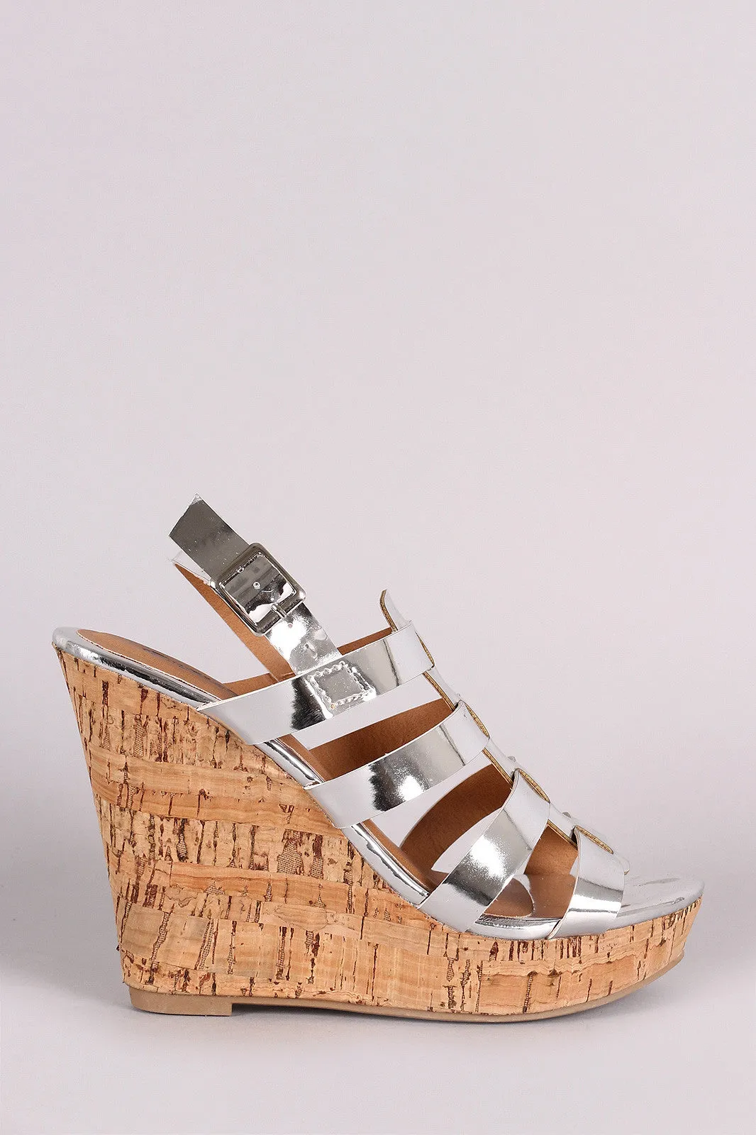 Qupid Mirror Metallic Strappy Slingback Platform Wedge