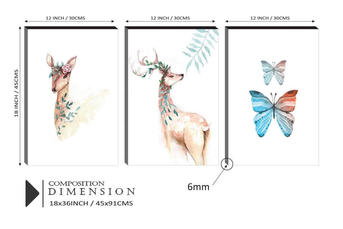 SAF paintings 6MM MDF Deer and Butterfly Flower Self Adeshive Painting 36 inch X 18 inch (12 Inch X 18 Inch Each Painting, Self Installation, Multi-Effect, UV Textured) AANFSXA003