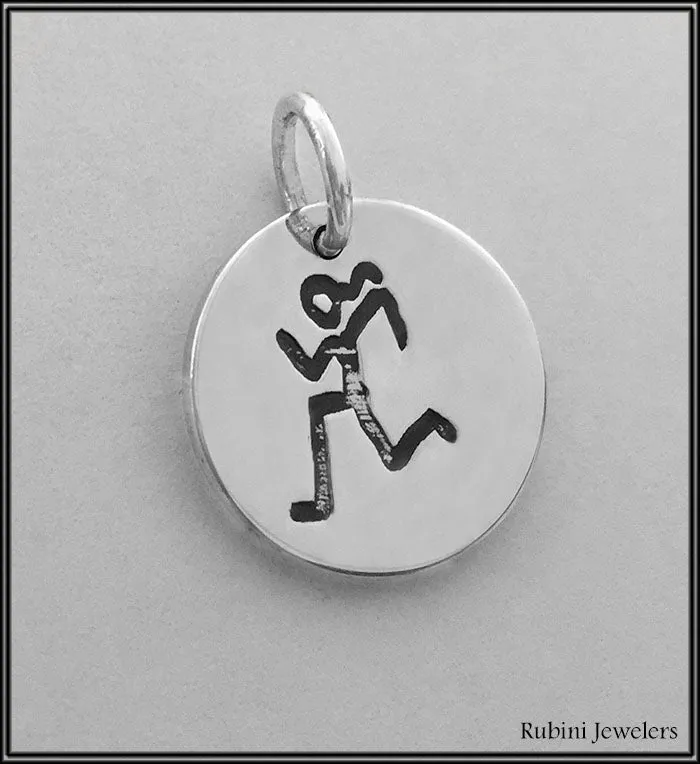 Silver Disc Charm/Pendant Engraved with Runner Design