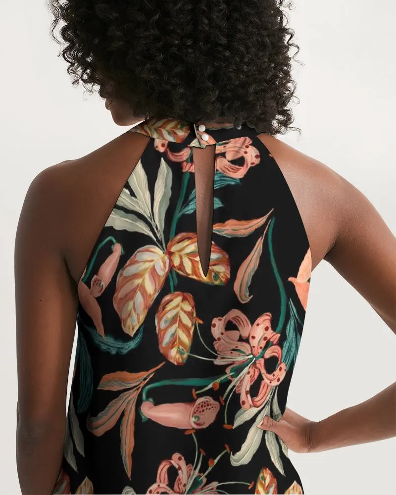 SMF Paradise Floral Black Feminine Halter Dress