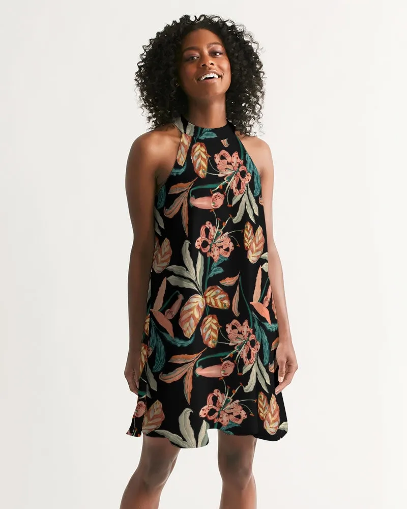 SMF Paradise Floral Black Feminine Halter Dress