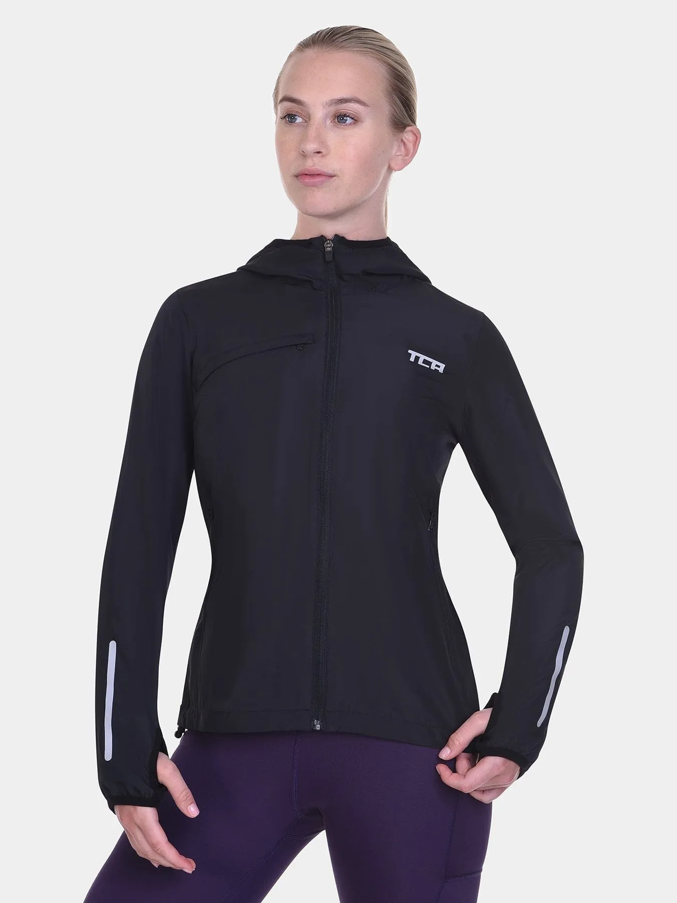 Softshell Packable Running Water Repellant Hooded Jacket For Women With Thumbholes, Reflective Strips & Zip Pockets