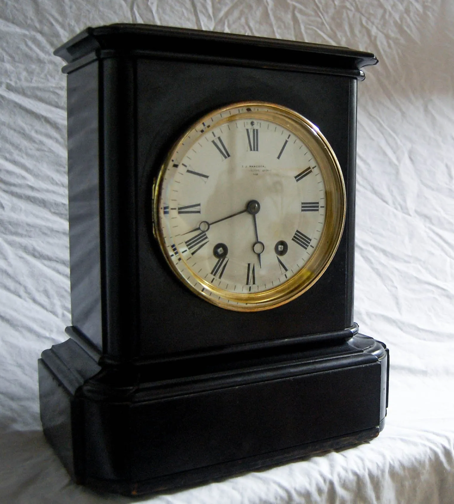 Very Large French Victorian Black Marble Clock with Square Plate Movement & Ting Tang Quarter Strike - CJ Hancock London