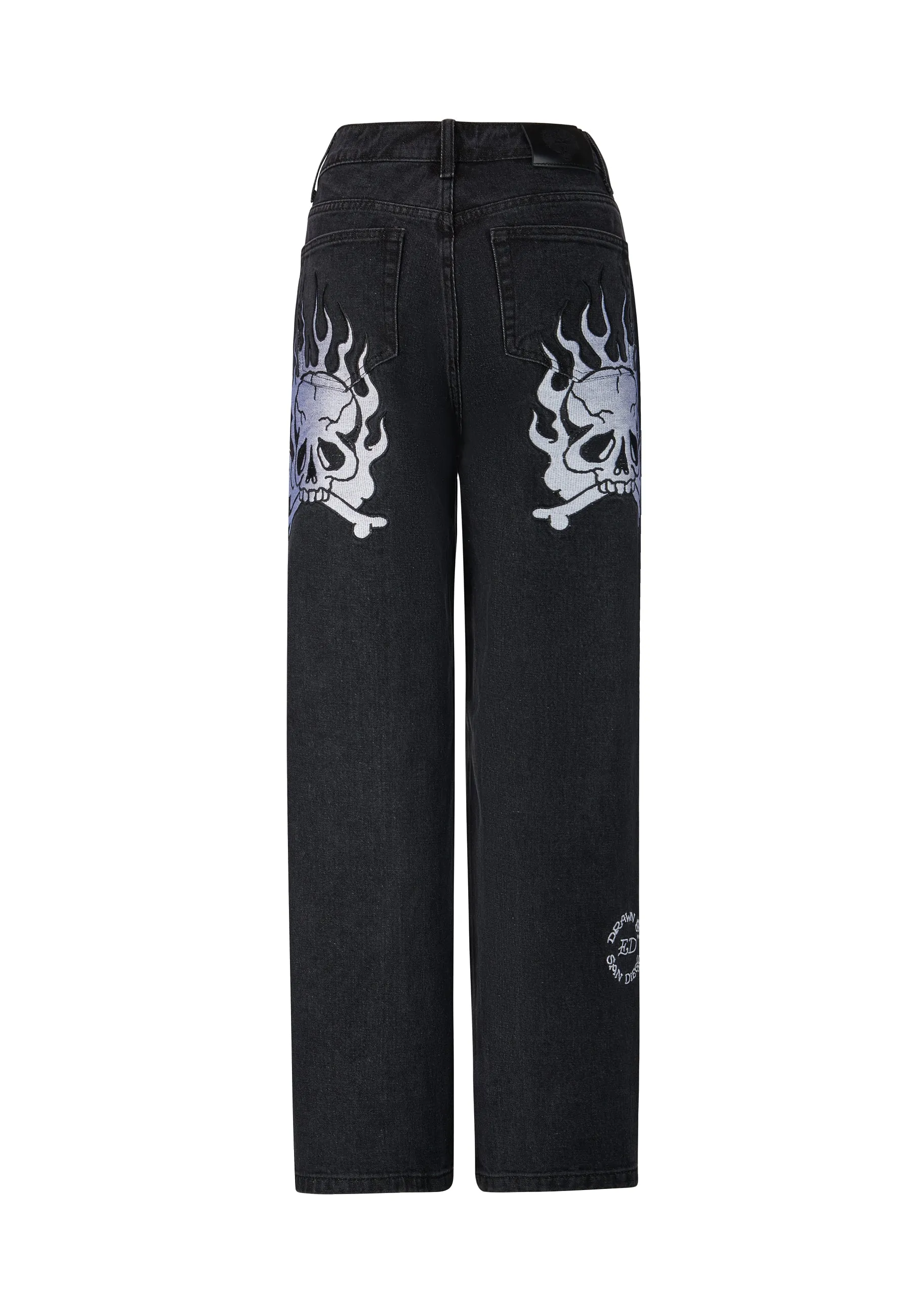 Womens Flaming Skull Relaxed Fit Denim Trousers Jeans - Black